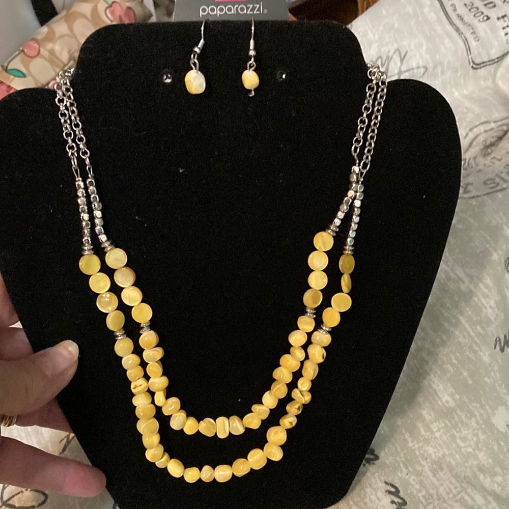 Paparazzi NWT Yellow & Silver Necklace & Earrings set with Double-Strand Design